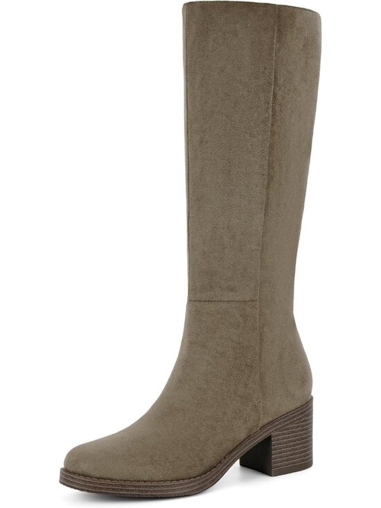 Shoes - Women's Olive Suede Knee High Boots Chunky Low Block Heel Round Toe Boots